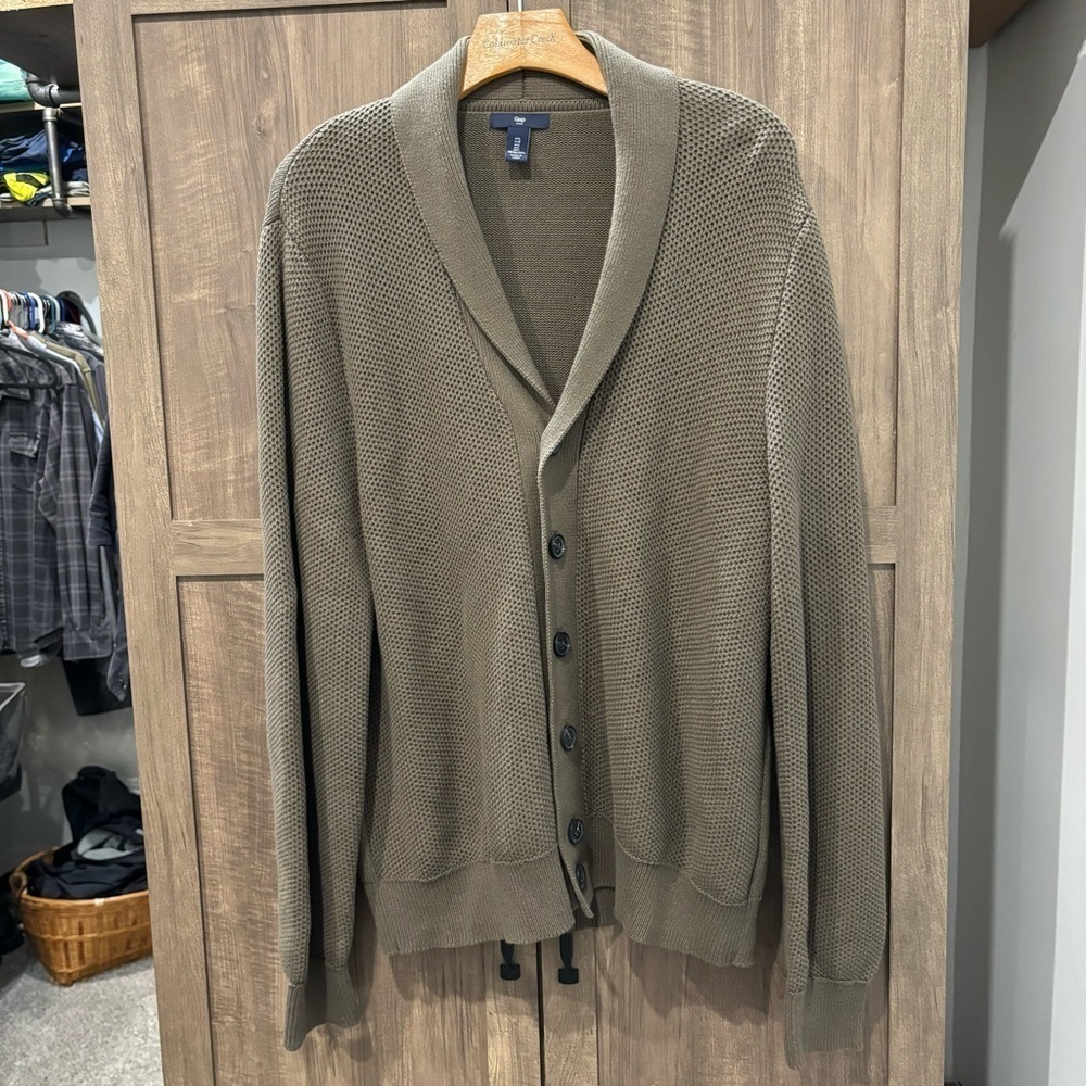 Gap Men’s Large Cardigan Sweater Cowl Neck Olive Green